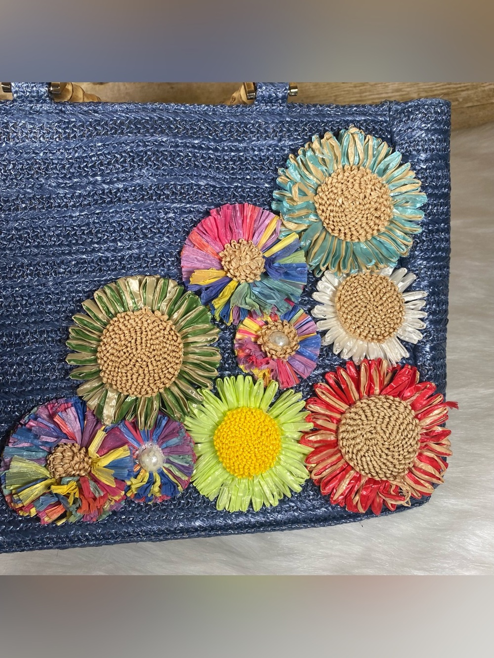Haute Hippie Blue Straw Tote with Multicolor Floral Appliqués and Bamboo Handles - Picture 6 of 11